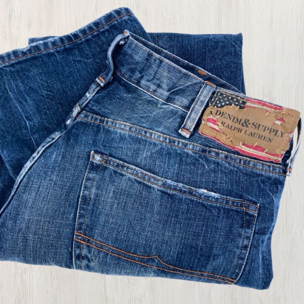 Denim & Supply Ralph Lauren Men 38x30 Straight Medium Wash Distressed Blue Jeans